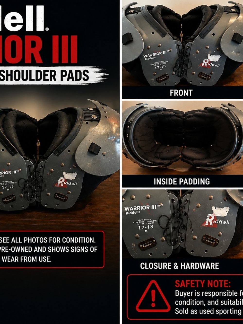 Riddell Warrior III Football Shoulder Pads in Gray/Black